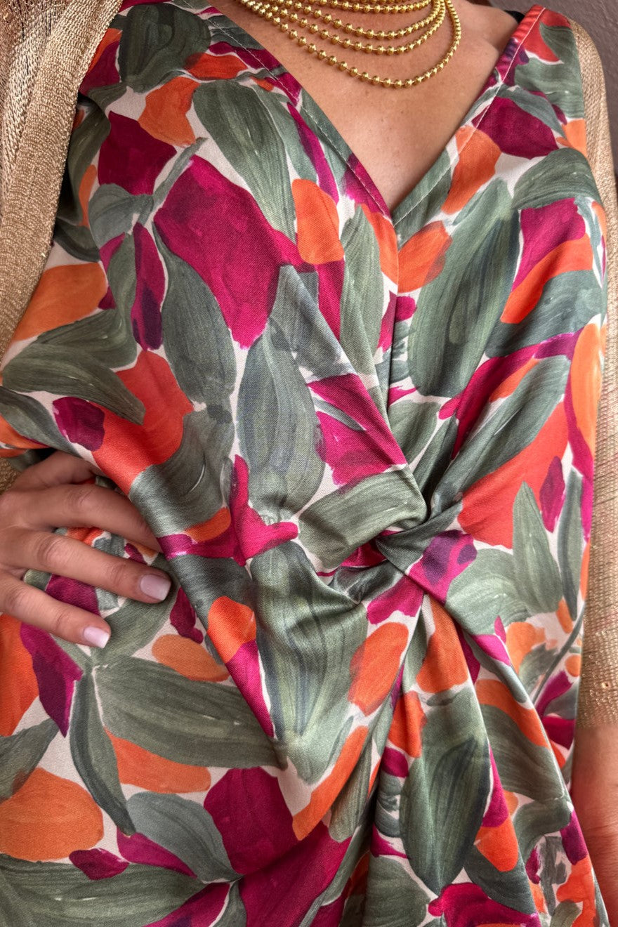 Silk Textured Knot Front Abstract Leaf Dress