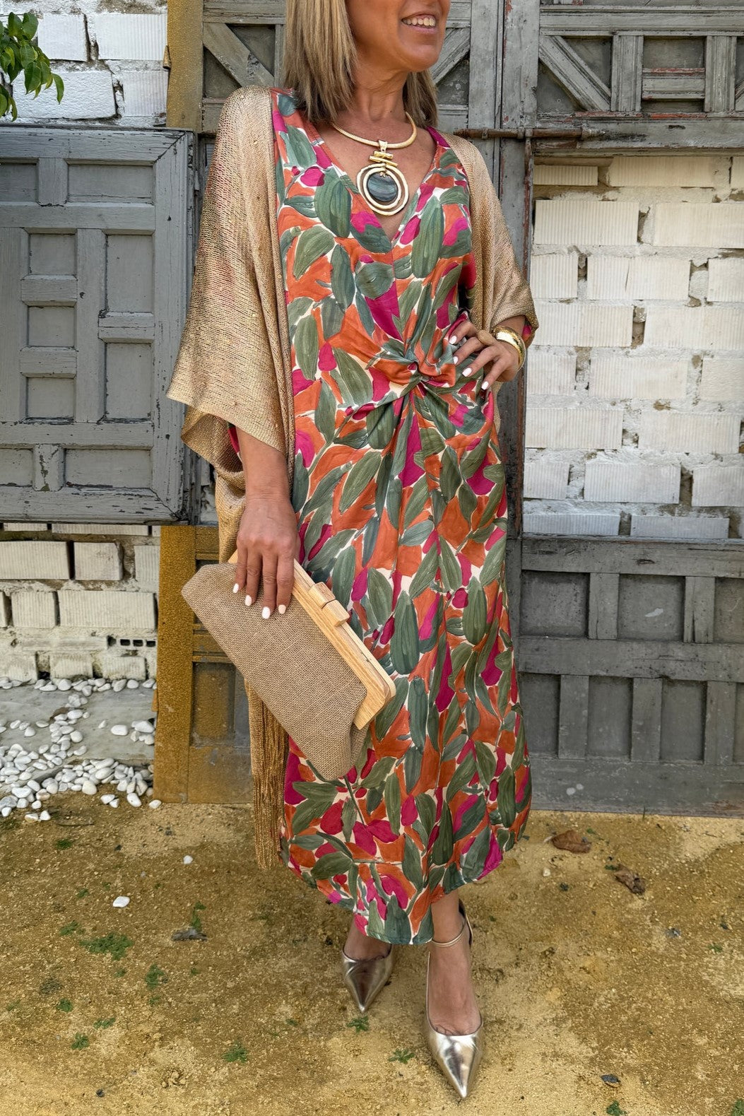 Silk Textured Knot Front Abstract Leaf Dress