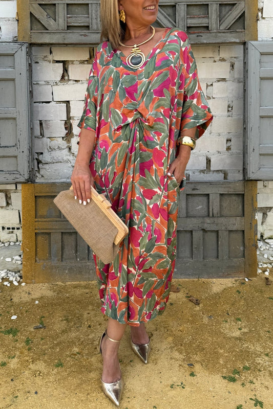 Silk Textured Knot Front Abstract Leaf Dress