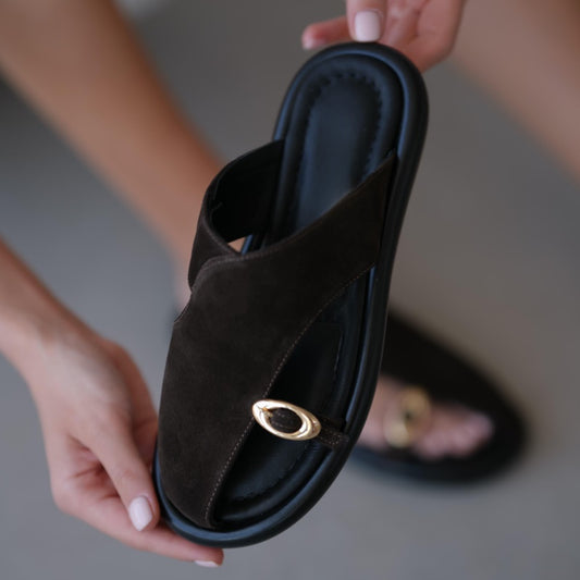 Women's toe buckle detail leather suede slippers