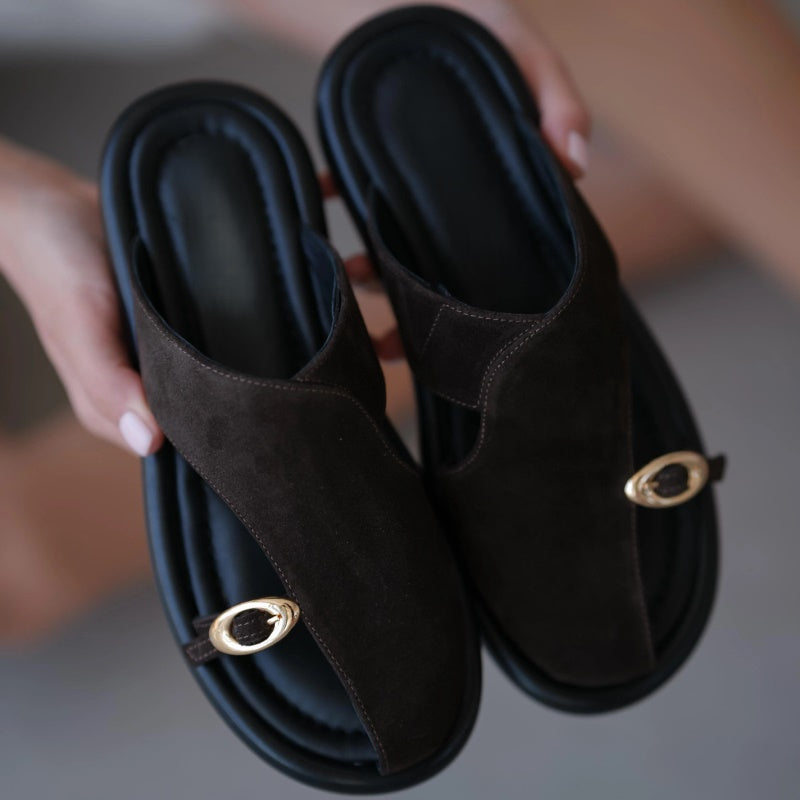 Women's toe buckle detail leather suede slippers
