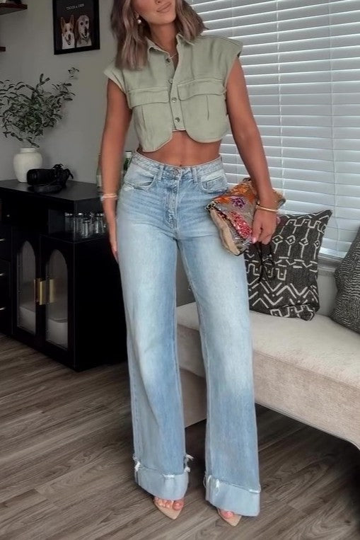 Women‘s Cropped Button Down Denim Top