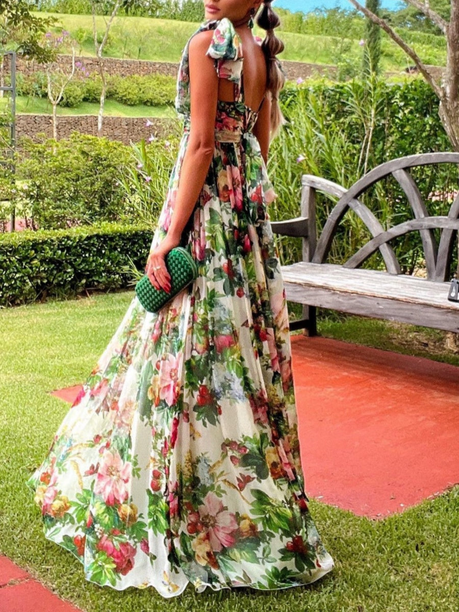 Shoulder Bow Bohemian Print Chiffon Holiday Maxi Dress