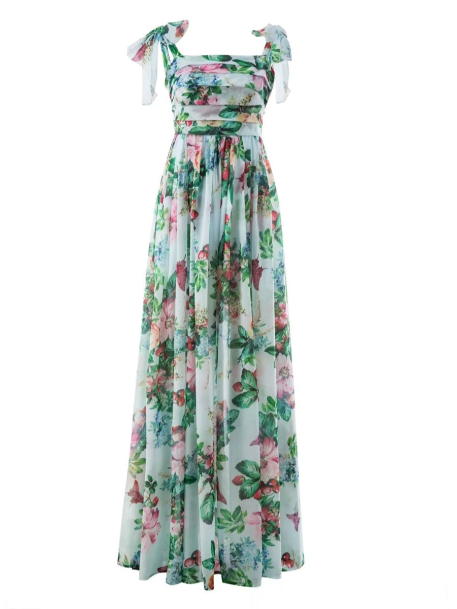 Shoulder Bow Bohemian Print Chiffon Holiday Maxi Dress