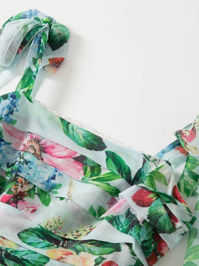 Shoulder Bow Bohemian Print Chiffon Holiday Maxi Dress