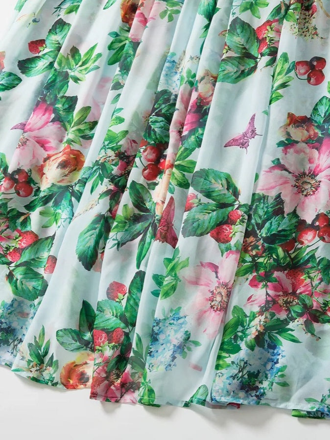 Shoulder Bow Bohemian Print Chiffon Holiday Maxi Dress