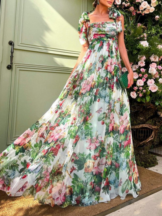 Shoulder Bow Bohemian Print Chiffon Holiday Maxi Dress