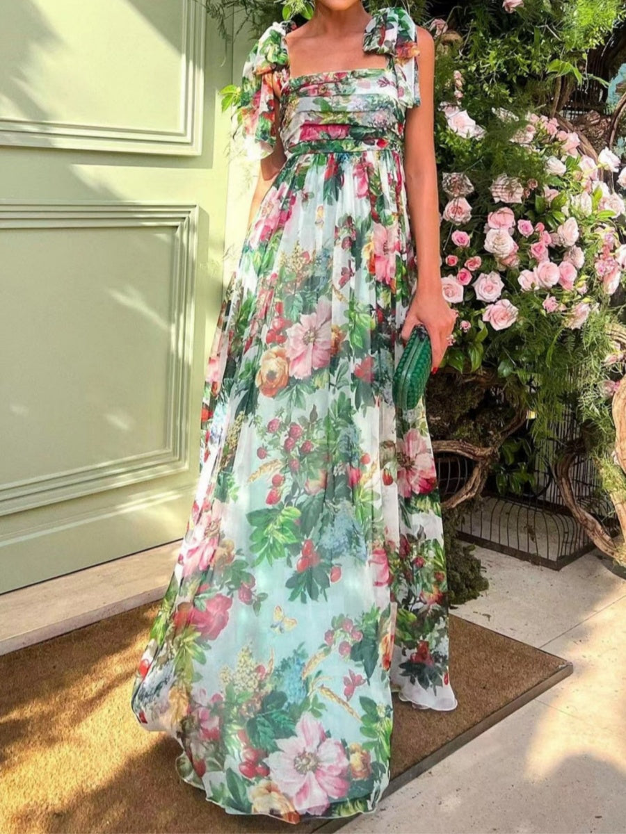 Shoulder Bow Bohemian Print Chiffon Holiday Maxi Dress