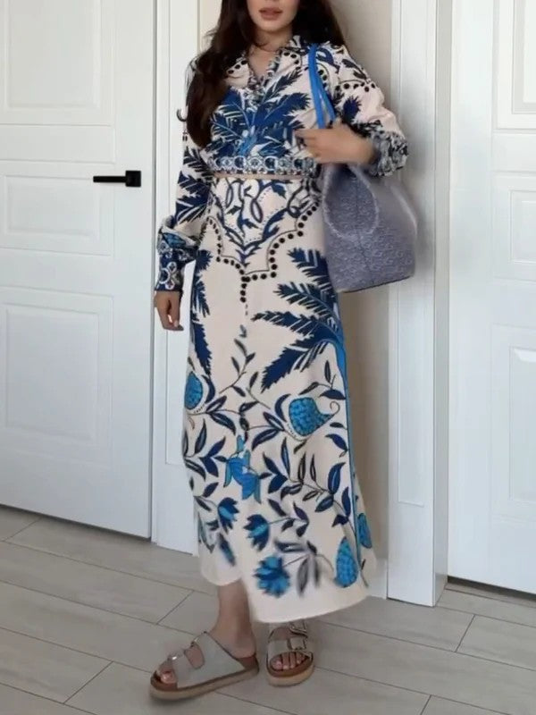 Blue Printed Long Sleeve Midi Dress