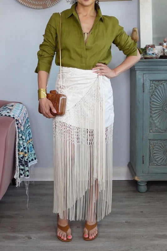Embroidered fringed woven wrap dress