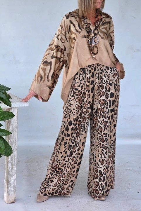 Leopard print silk top and wide-leg pants set