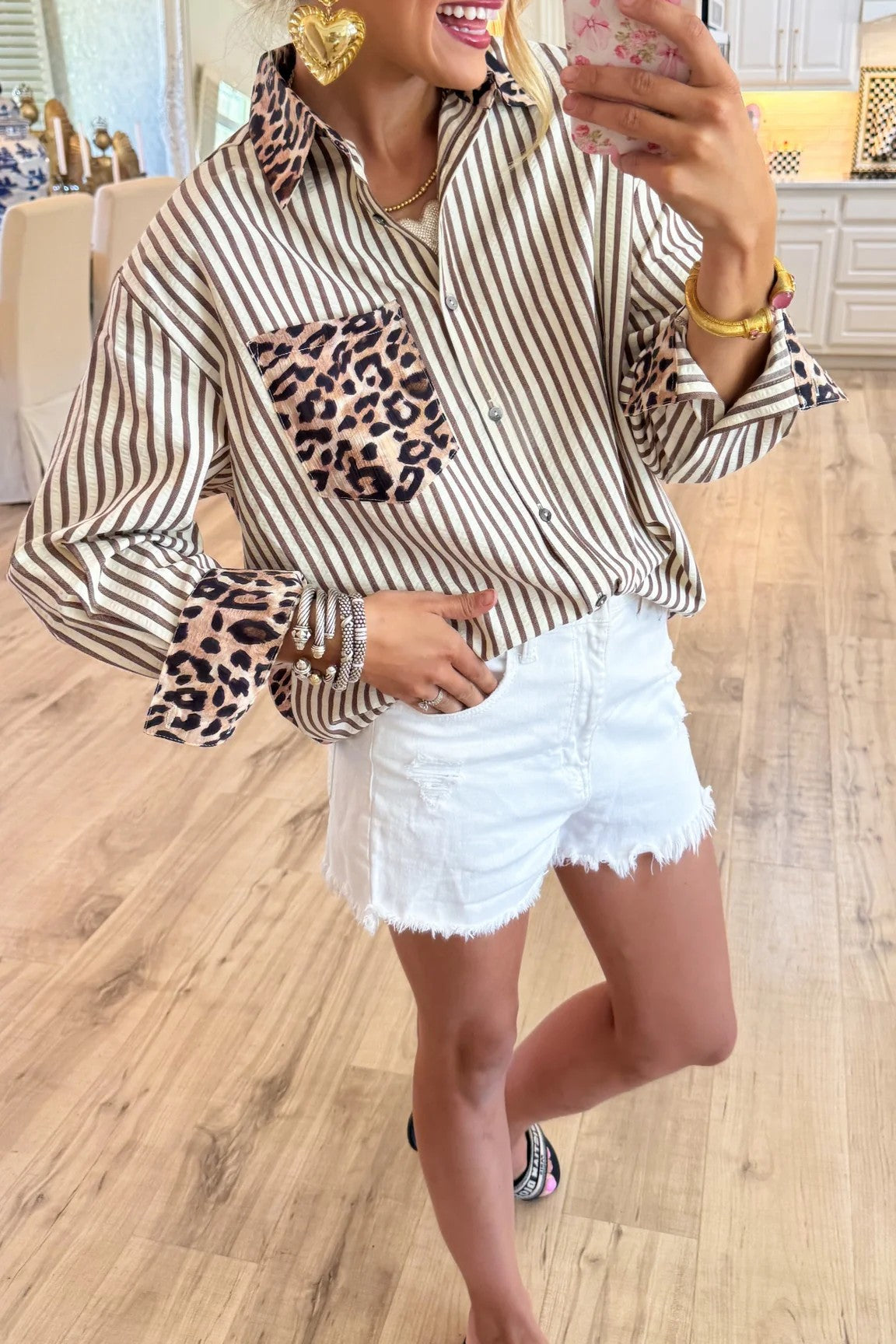 Brown Leopard Print Stripe Long Sleeve Top