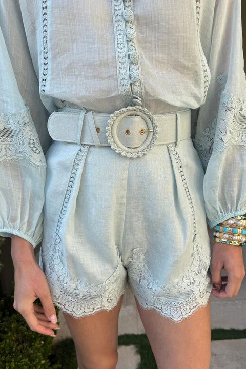 Sky Blue Linen and Lace Button Down Top And Short Set