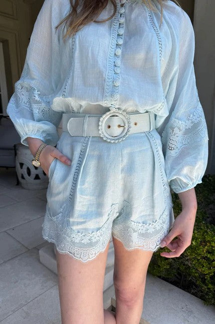 Sky Blue Linen and Lace Button Down Top And Short Set