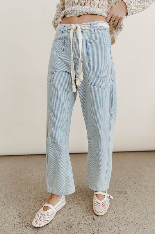 Light blue striped denim flared jeans
