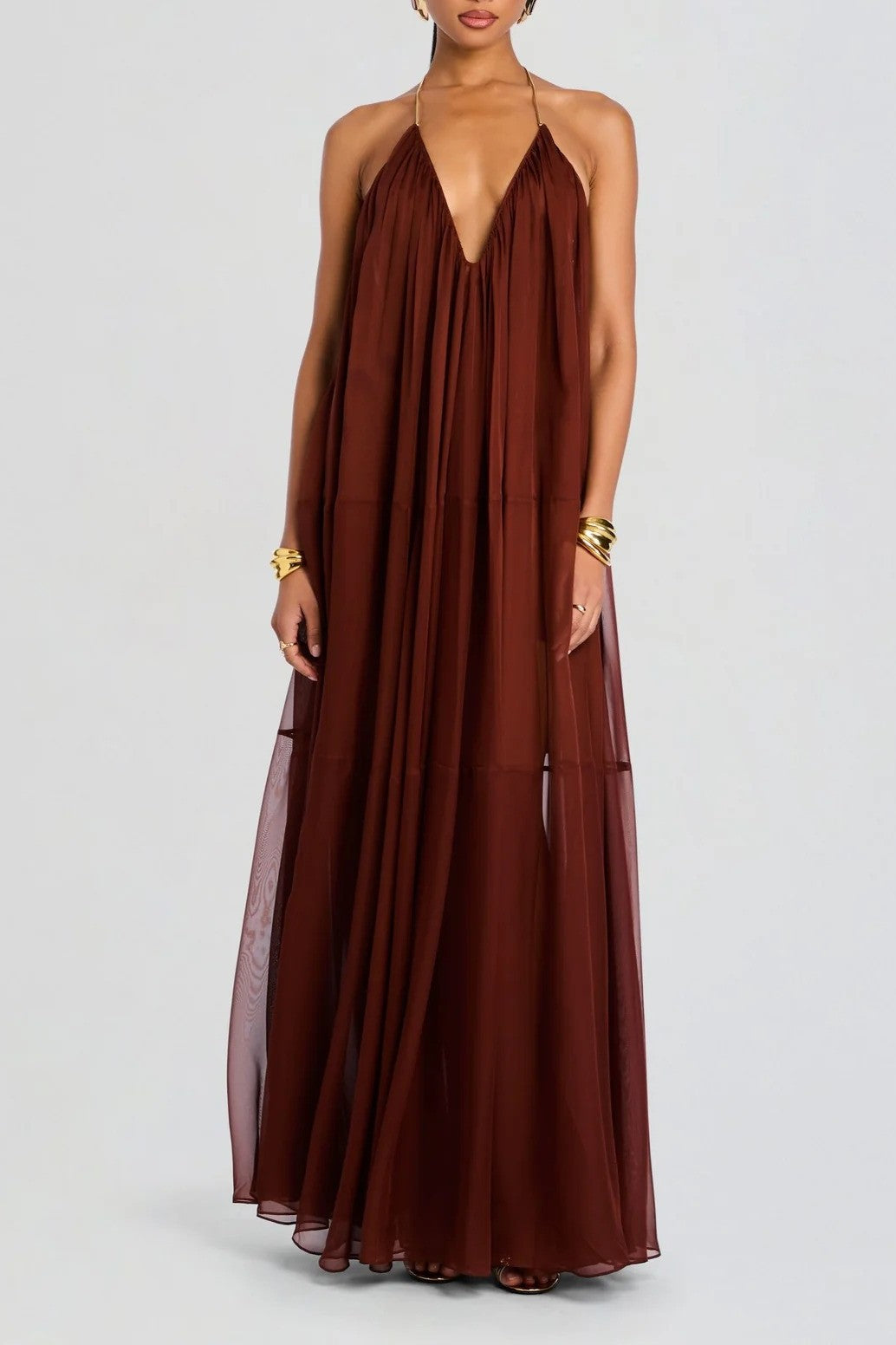 Elegant V-neck Chiffon Flowy Maxi Dress