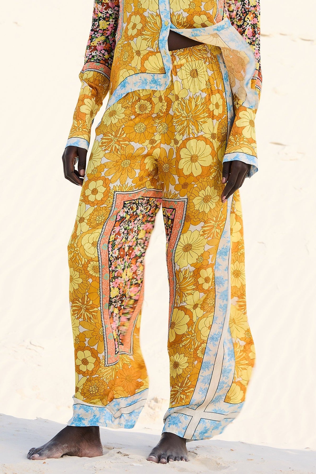 Floral print jacquard straight shirt and pants set