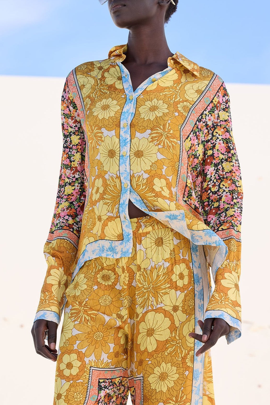Floral print jacquard straight shirt and pants set