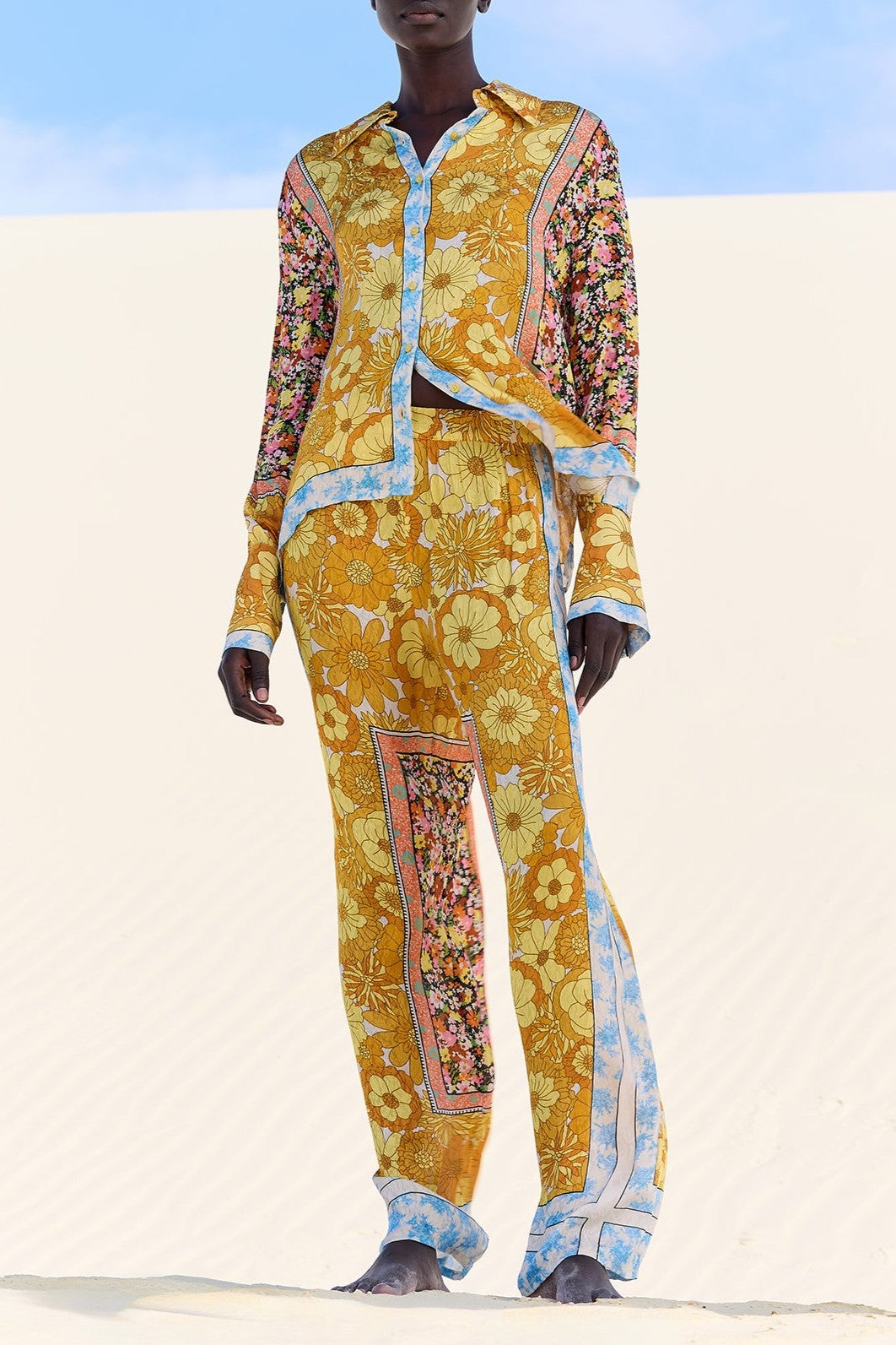 Floral print jacquard straight shirt and pants set
