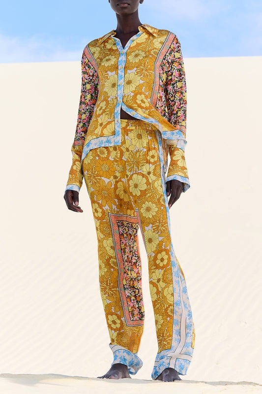 Floral print jacquard straight shirt and pants set