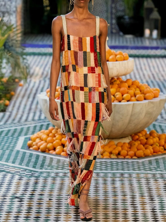 Artistic Multicolored Fringe Maxi Dress