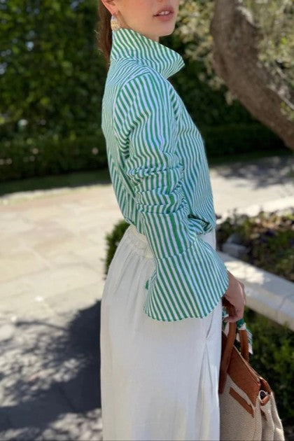 Chic Striped Button Blouse - Green
