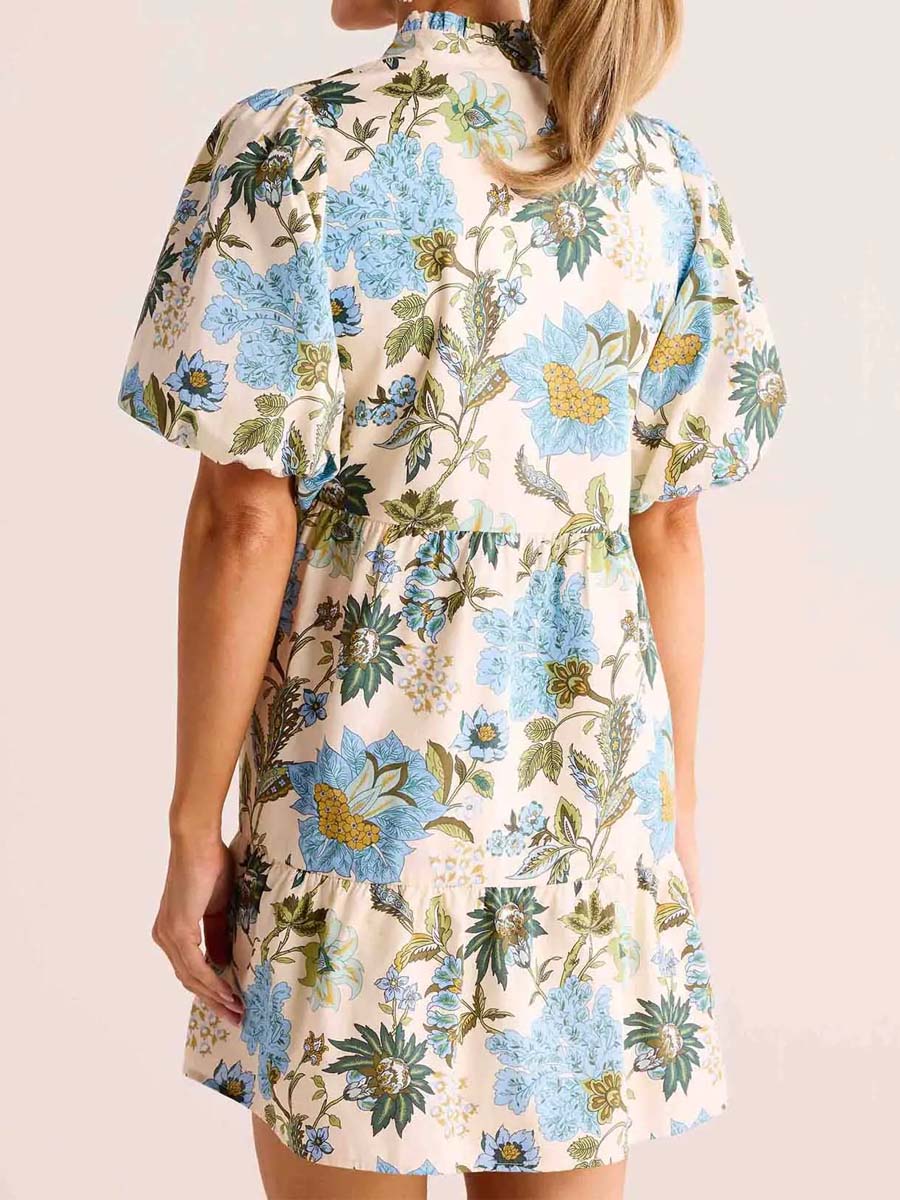 Floral Print Band Collar Flounce Hem Dress