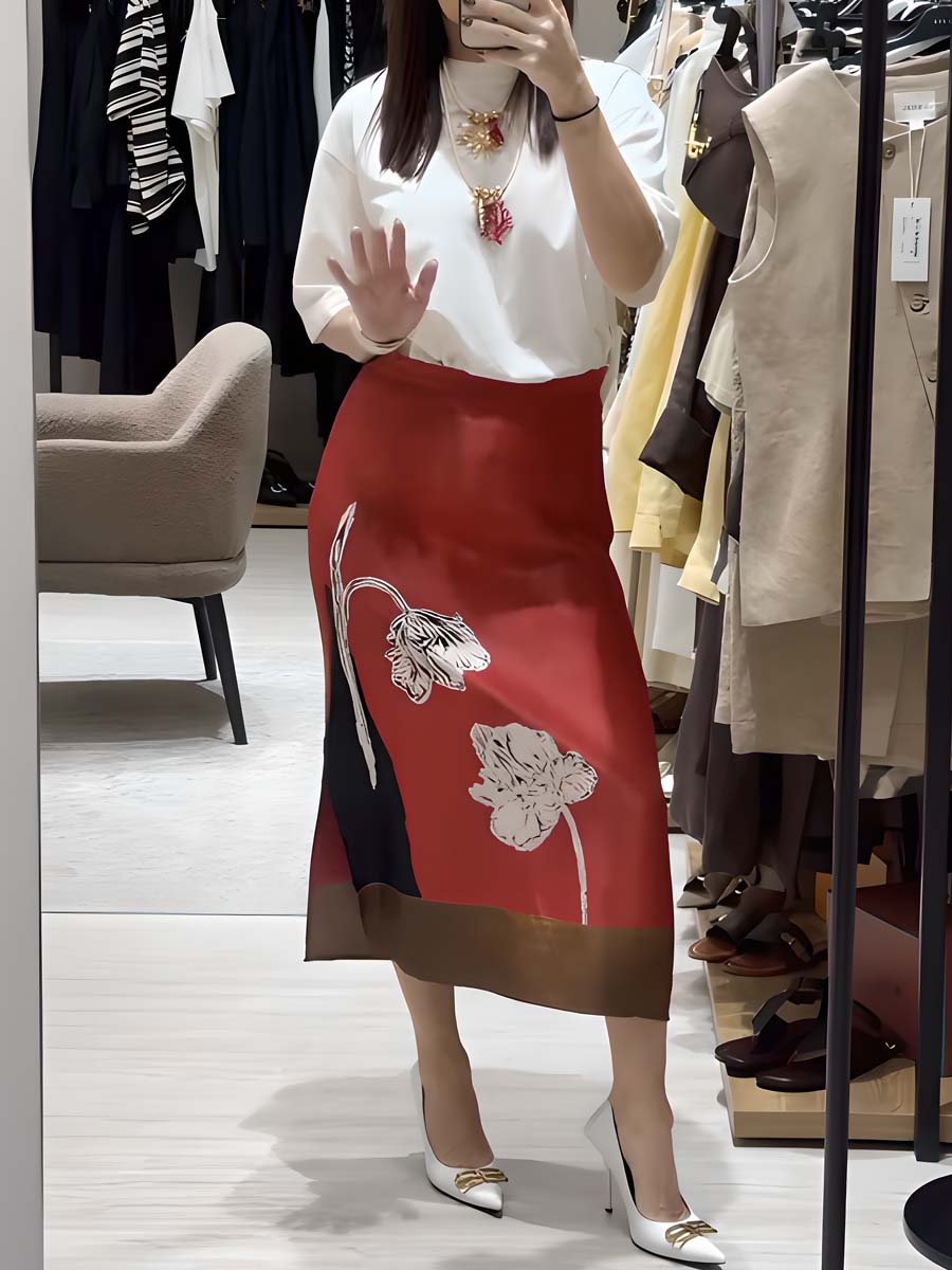 Flower Print Patchwork Midi Skirt