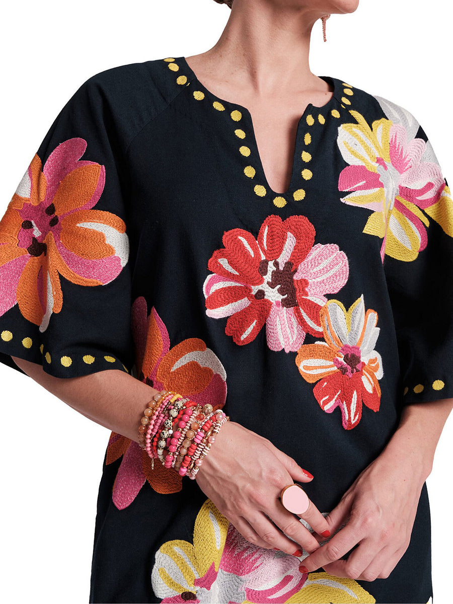 Floral Print Split Scoop Neck 3/4 Sleeve Dress