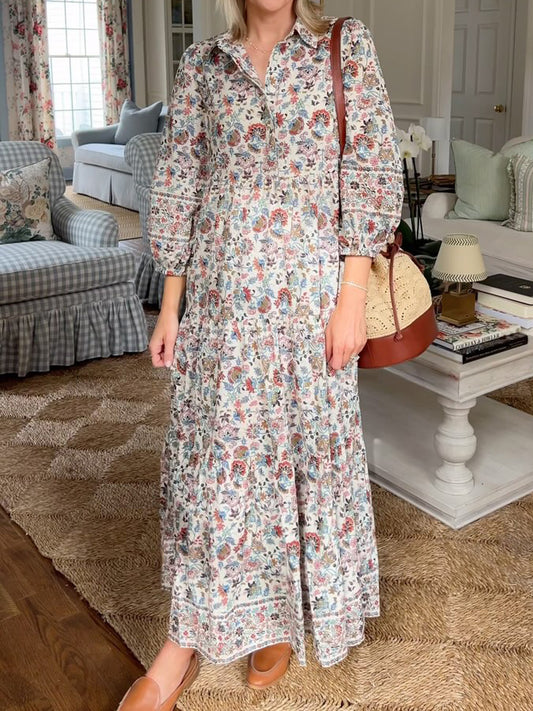 Floral Print Elasticated Cuffs Maxi Dress