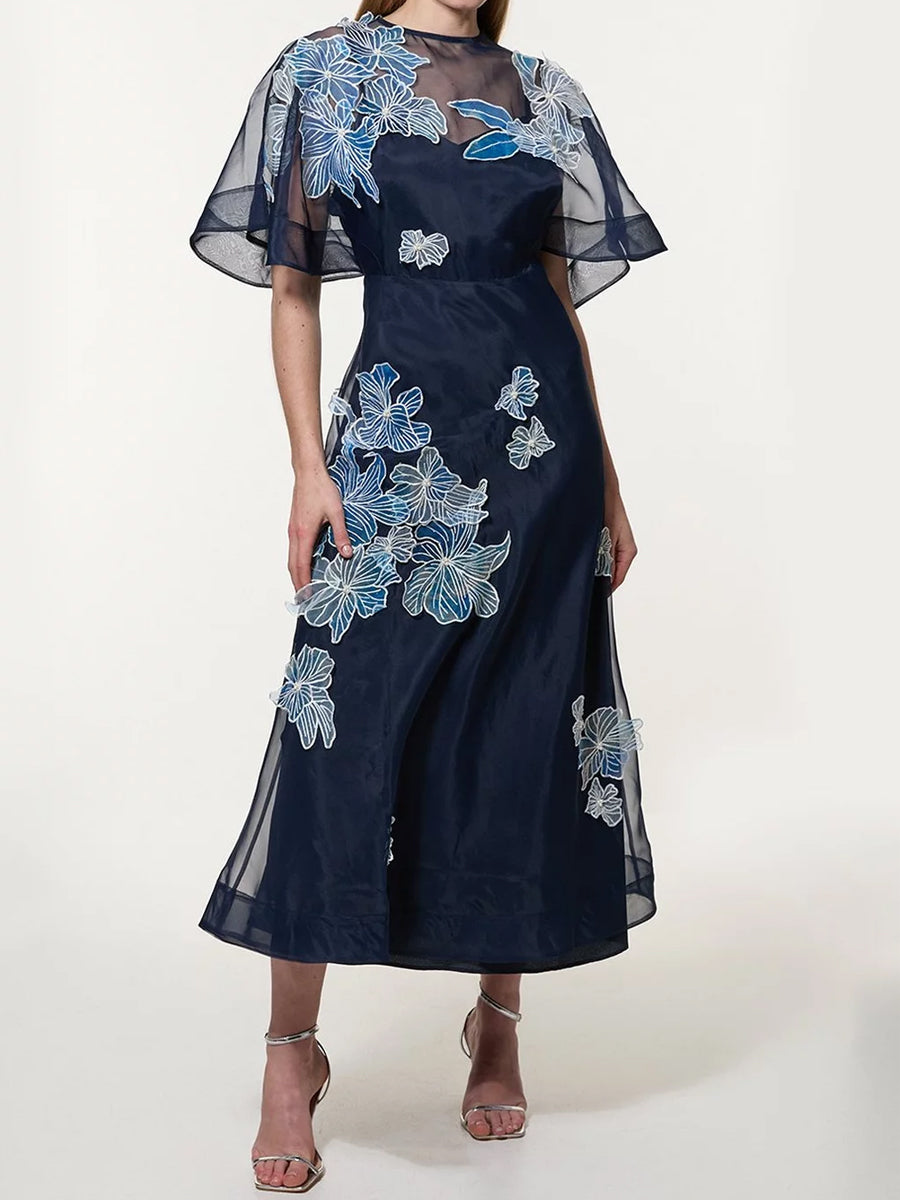 Floral Applique Organdie Woven Maxi Dress