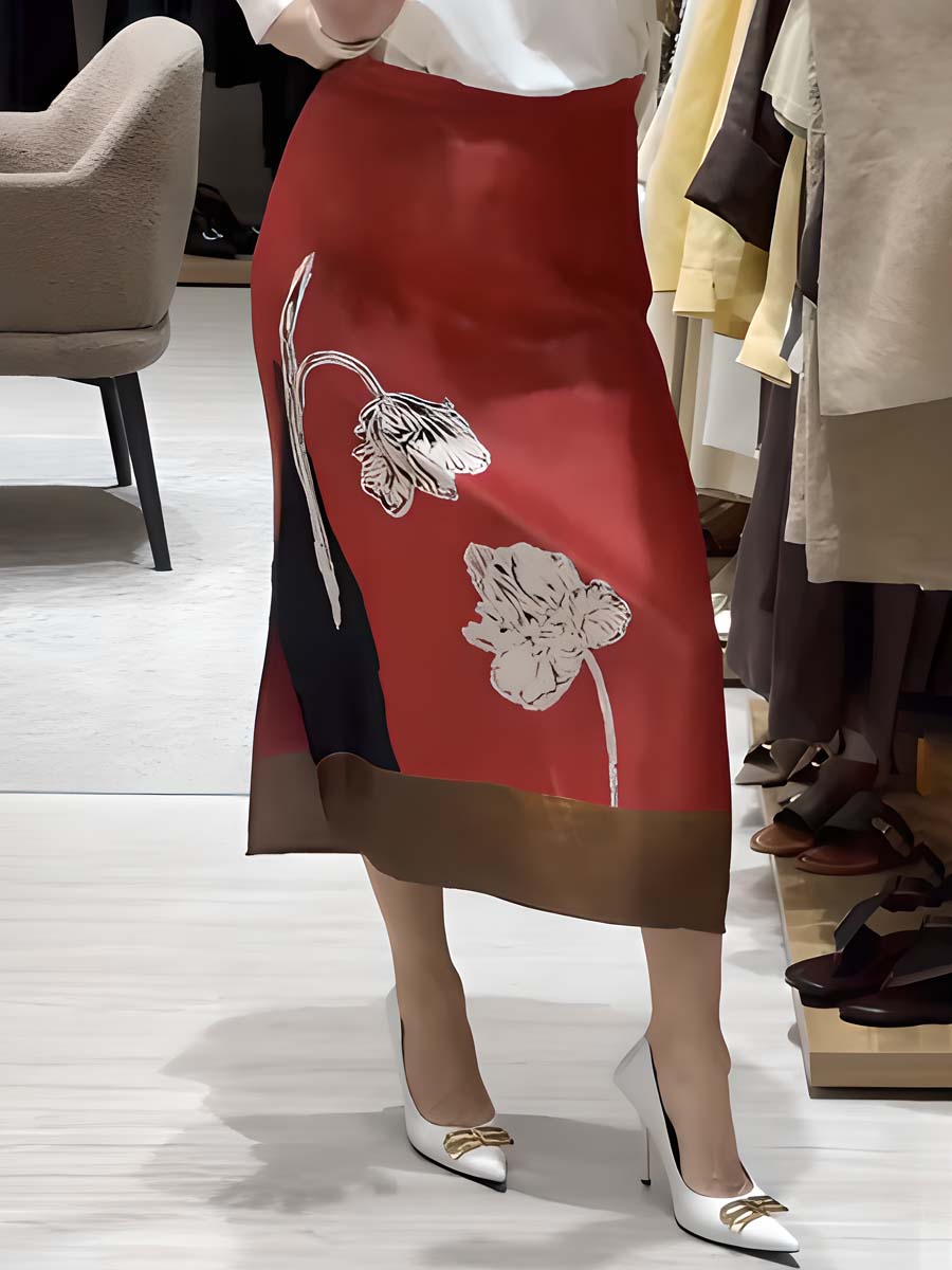 Flower Print Patchwork Midi Skirt