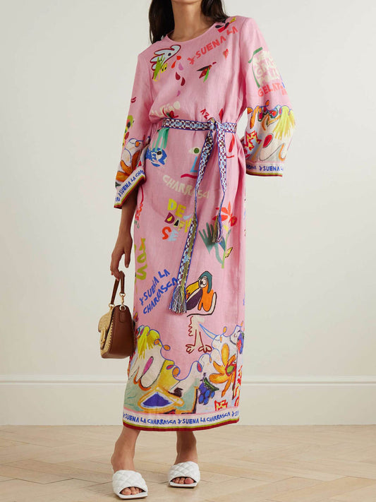 Linen Print Slim Fit Midi Dress