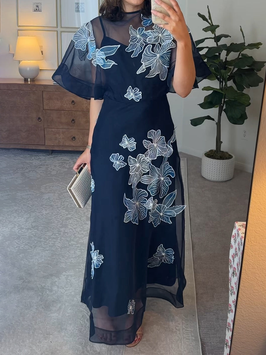 Floral Applique Organdie Woven Maxi Dress
