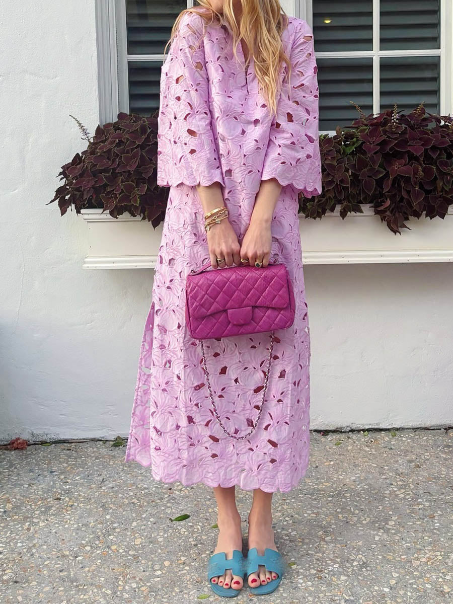 Embroidered hollow lace midi dress