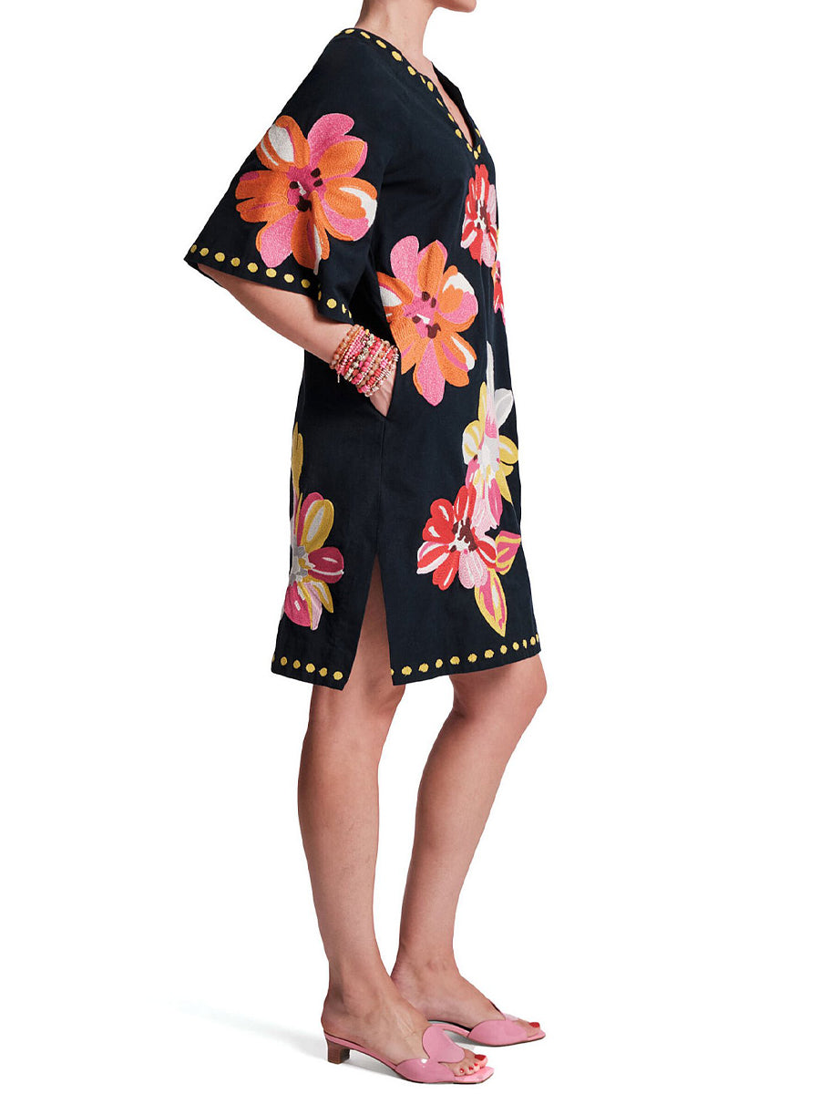 Floral Print Split Scoop Neck 3/4 Sleeve Dress