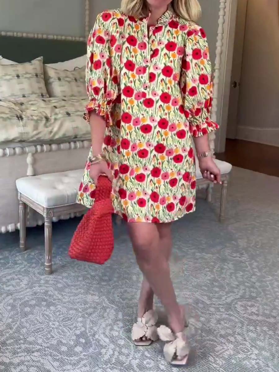 Floral Print Ruffled Collar Mini Dress