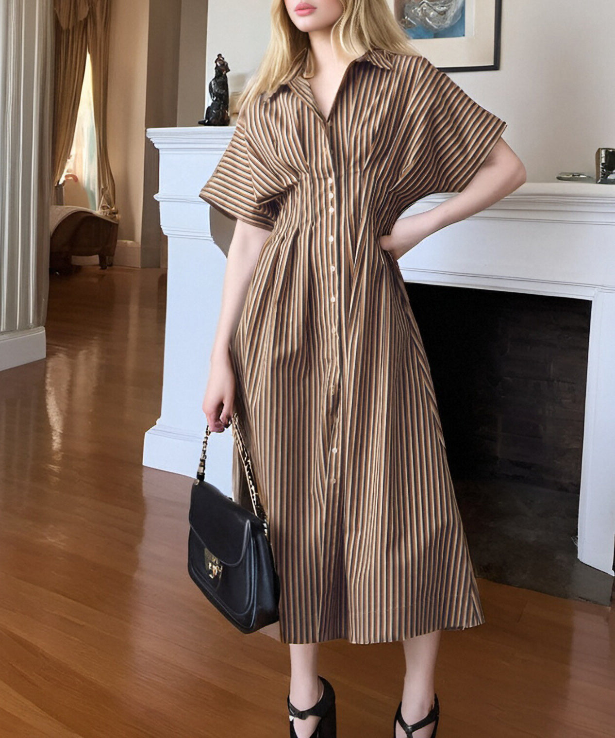 Lapel vertical striped shirt skirt