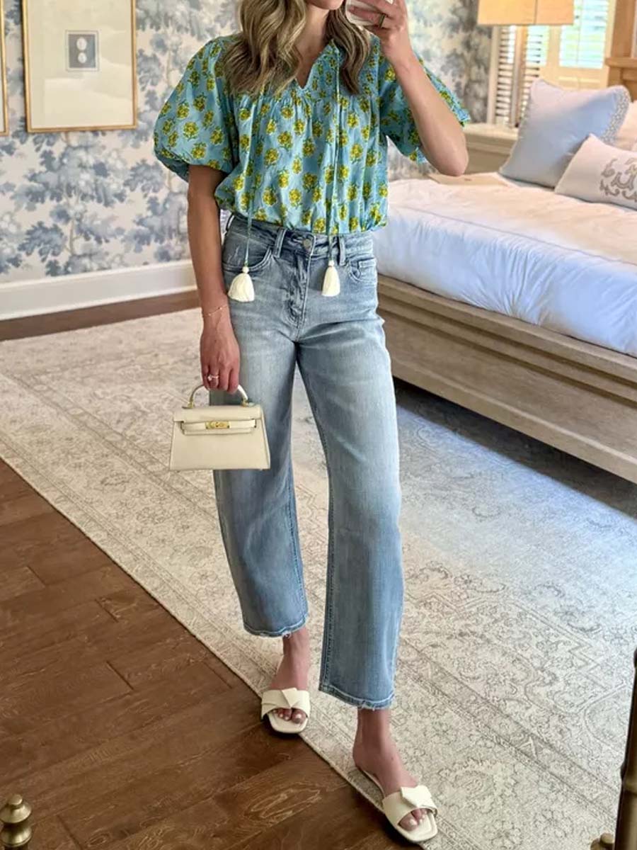 Floral Print V-neck Puff Sleeve Top