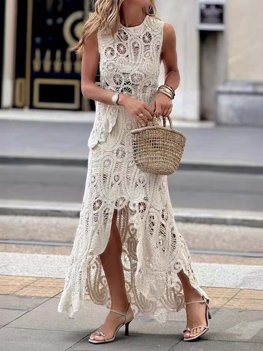 Fashion Knitted Asymmetric Hem Two Pieces Set