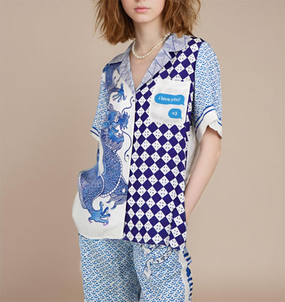 Unique dragon print loose shirt and elastic waist pants set