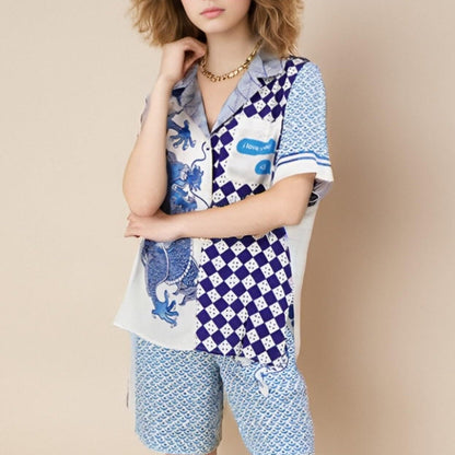 Unique dragon print loose shirt and elastic waist pants set