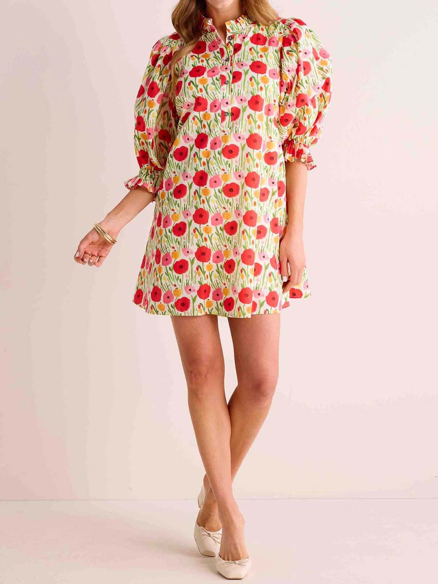 Floral Print Ruffled Collar Mini Dress