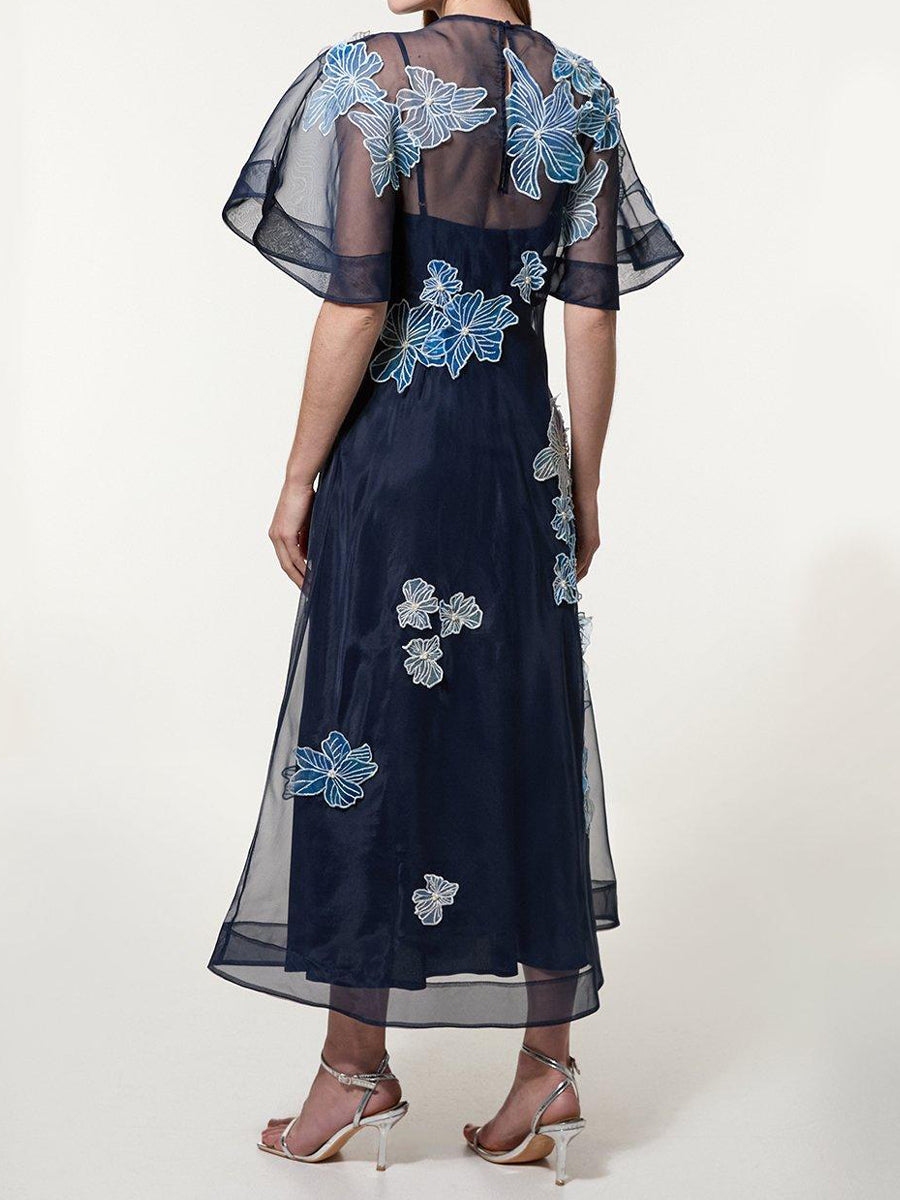 Floral Applique Organdie Woven Maxi Dress