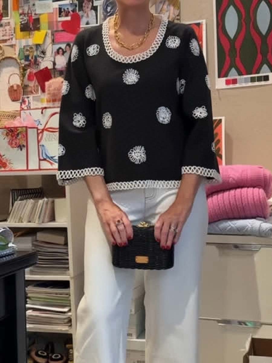 Fiona Scribble Embroidered Bell Sleeves Top