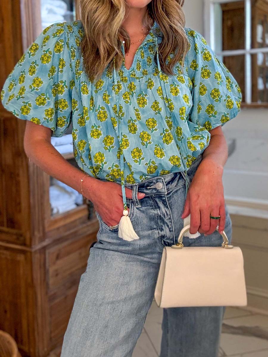 Floral Print V-neck Puff Sleeve Top