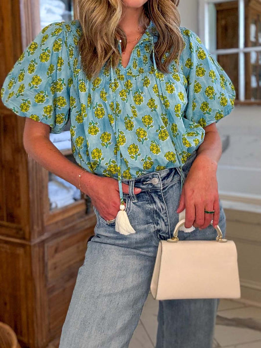 Floral Print V-neck Puff Sleeve Top