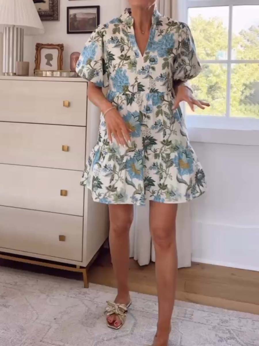 Floral Print Band Collar Flounce Hem Dress