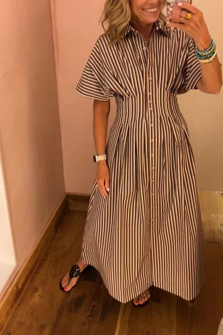 Lapel vertical striped shirt skirt