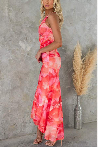 FLORAL PRINT RUCHED STRETCH MAXI DRESS